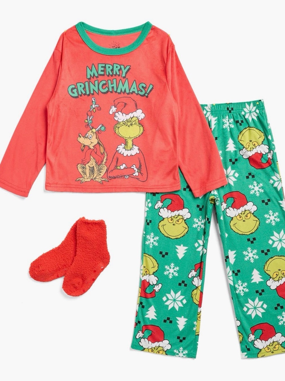 🎄Komar kids Grinch Print Pajama Set with Red Socks. Size 8.